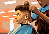 Barber cutting boy's hair, illustration