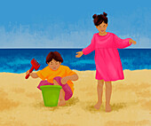 Children playing on beach, illustration