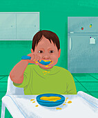 Young child feeding itself, illustration