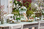 Horned violets (Viola cornuta) and daisies (Bellis) in pots with Easter eggs and feathers on an Easter table setting