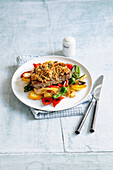 Herb steak with potatoes, peppers and king oyster mushrooms