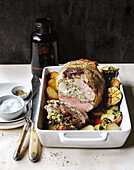 Lamb with artichoke and oregano stuffing on lemon potatoes