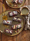 Chocolate and coconut cake bar with raspberry puree