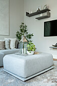 Light-coloured living room with stool, plants and wall shelves