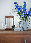 Blue delphinium in a zinc watering can and decorative objects on a wooden chest of drawers