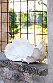 Ceramic sculpture of a coral on a stone wall in front of a wire fence