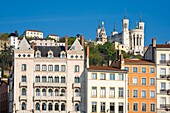 France,Rhone,Lyon,historic district listed as a UNESCO World Heritage site,Old Lyon,Quai Fulchiron on the banks of the Saone river,the Blanchon house built in 1845 by Pierre Bossan and Notre-Dame de Fourviere basilica