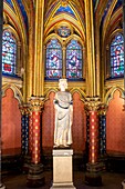 France,Paris,area listed as World Heritage by UNESCO,Ile de la Cite,Sainte Chapelle,stained glass windows of the Lower Chapel,Saint Louis statue