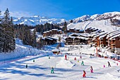 France,Savoie,Valmorel,Tarentaise valley,massif of the Vanoise,view of the Cheval Noir (2832m) since the kindergarten