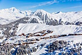 France,Savoie,Vanoise massif,valley of Haute Tarentaise,La Plagne,part of the Paradiski area,view of Plagne Villages,Plagne Soleil and the Mont Blanc (4810m),(aerial view)