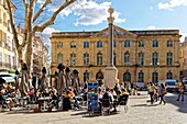 France,Bouches du Rhone,Aix en Provence,Place de l'Hotel de Ville (City Hall square) and Fountain of the tanners