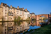 France,Aveyron,Espalion a stop on el Camino de Santiago,the old Renaissance palace and the 11th century bridge over Lot River