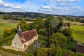 France,Orne,Pays d'Auge,Ecorches,St-Saturnin Church of the Lignerits of the twelfth century restored in the seventeenth century,Charlotte Corday (great-great-great-granddaughter of Pierre Corneille) was baptized there (aerial view)