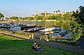 France,Maine et Loire,Angers,the river port and the castle of the Dukes of Anjou,Saint Maurice cathedral in background