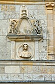France,Lot,near Saint Cere,Saint Jean Lespinasse,Chateau de Montal,detail of sculpture courtyard,Renaissance bust of Amaury de Montal