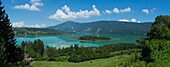 France,Savoie,Lake Aiguebelette,panoramic view of the lake with the large island and the mountain of Epine