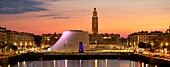 France,Seine Maritime,Le Havre,city rebuilt by Auguste Perret listed as World Heritage by UNESCO,the basin of Commerce,Volcano of architect Oscar Niemeyer and lantern tower of Saint Joseph's church