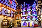 France,Haut Rhin,Alsace Wine Route,Colmar,Christmas lights on rue des Marchands