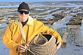 France,Ille et Vilaine,Emerald Coast,Cancale,Louis Jan: president of the association Littoral Foot Fishing (Lipap) in front of the oyster beds back fishing with wild oysters