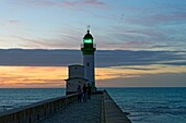 France,Seine Maritime,Le Treport,lighthouse at the end of the jetty