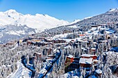 France,Savoie,Vanoise massif,valley of Haute Tarentaise,Les Arcs 1800,part of the Paradiski area,view of the Mont Blanc (4810m) (aerial view)