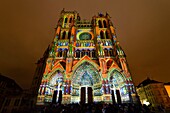 France,Somme,Amiens,Notre-Dame cathedral,jewel of the Gothic art,listed as World Heritage by UNESCO,polychrome sound and light show presenting the original polychromy of the facades