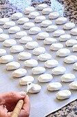 France,Hautes Pyrenees,Lannemezan plateau,Barthe de Neste,Flocons Pyreneens chocolatier,making flakes (praline almonds,dark chocolate hazelnuts,coated with a thin layer of meringue)