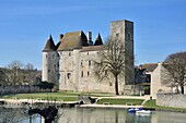 France,Seine et Marne,Nemours,12th century castle,reflection on the river Loing