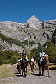 Frankreich,Haute Savoie,Sixt Fer a Cheval,Reitertrekking im Circus du Fer a Cheval zum Ende der Welt zum Wasserfall von La Gouille und zum Osmanenkopf (2549m)