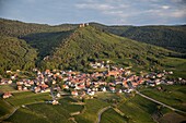 France,Haut Rhin,Alsace Wine road,near Eguisheim village,Husseren les Chateaux (aerial view)