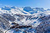 France,Savoie,Vanoise massif,valley of Haute Tarentaise,La Plagne,part of the Paradiski area,view of Plagne Bellecote and Belle Plagne,(aerial view)