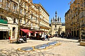 France,Gironde,Bordeaux,district a World Heritage Site by UNESCO,district of Saint Peter,place du Palais,fountain of architect Emmanuelle Lesgourgues and 15th century Gothic Cailhau gate
