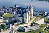 France,Maine et Loire,Loire valley listed as World Heritage by UNESCO,Saumur,the castle near the Loire river (aerial view)