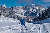 France,Haute Savoie,Bornes massif,Plateau des Glieres,cross country ski trail on the north eastern part of the plateau and Leschaux rocks