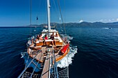 Frankreich,Haute Corse,Golf von Saint Florent,das guletartige Holzboot von Jacques Croce,Aliso day Cruise obligatorische Erwähnung