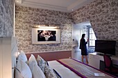 France,Calvados,Pays d'Auge,Deauville,Normandy Barriere Hotel,the Suite "Un Homme Une Femme" (A Man A Woman) in tribute to the film and its director Claude Lelouch,decorated from toile de jouy fabric