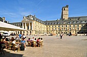 Frankreich,Cote d'Or,Dijon,von der UNESCO zum Weltkulturerbe erklärtes Gebiet,Brunnen auf dem Place de la Libération (Platz der Befreiung) vor dem Turm Philippe le Bon (Philipp der Gute) und dem Palast der Herzöge von Burgund, in dem sich das Rathaus und das Museum der schönen Künste befinden