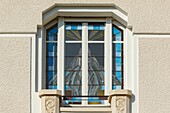 Frankreich,Meurthe et Moselle,Nancy,Detail der Fassade eines Hauses im Art Nouveau und Art Deco Stil im Parc de Saurupt Viertel in der Straße Brice