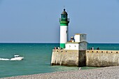 France,Seine Maritime,Le Treport,lighthouse at the end of the jetty