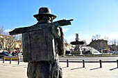 France,Bouches du Rhone,Aix en Provence,the Rotonda square,Paul Cezanne statue and La Rotonde fountain