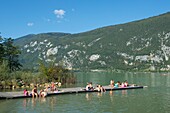 France,Savoie,Lake Aiguebelette,pontoon and beach of Novalaise and the mountain of the Epine