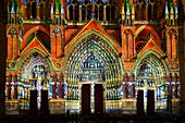 France,Somme,Amiens,Notre-Dame cathedral,jewel of the Gothic art,listed as World Heritage by UNESCO,polychrome sound and light show presenting the original polychromy of the facades