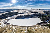 France,Puy de Dome,Mont Dore,Regional Natural Park of the Auvergne Volcanoes,Monts Dore,Guery lake (aerial view)