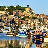 France,Seine Maritime,Le Treport,the fishing harbour and Saint Jacques church