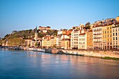 France,Rhone,Lyon,historic district listed as a UNESCO World Heritage site,Old Lyon,Quai Fulchiron on the banks of the Saone river and Saint Georges church