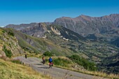 France,Savoie,Saint Jean de Maurienne,the largest cycling area in the world was created within a radius of 50 km around the city. Pass of the Iron Cross,descent of cyclists to the village of Saint Sorlin d'Arves