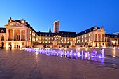 France,Cote d'Or,Dijon,area listed as World Heritage by UNESCO,fountains on the place de la Libération (Liberation Square) in front of the tower Philippe le Bon (Philip the Good) and the Palace of the Dukes of Burgundy which houses the town hall and the Museum of Fine Arts