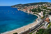 France,Alpes Maritimes,Villefranche sur Mer,the beach in the bay and the train station