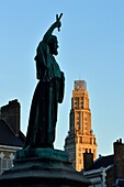 France,Somme,Amiens,Saint Michel square,statue of Pierre l'Ermite by Gedeon de Forceville and Perret Tower made with reinforced concrete designed by the architect Auguste Perret,inaugurated in 1952