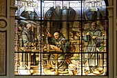 France,Seine Maritime,Pays de Caux,Alabaster Coast,Fecamp,the Gothic Revival and Neo-Renaissance Benedictine Palace,built in the late 19th century,is both the place of production of Benedictine liqueur and Museum,stained glass window depicting Don Bernardo Vincelli inventor of the Benedictine